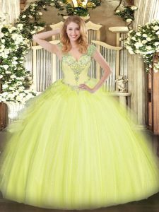 V-neck Sleeveless Tulle Sweet 16 Dresses Beading and Ruffles Lace Up