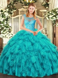 Sleeveless Floor Length Beading and Ruffles Lace Up Sweet 16 Quinceanera Dress with Aqua Blue