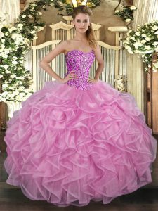 Floor Length Rose Pink Sweet 16 Dress Sweetheart Sleeveless Lace Up