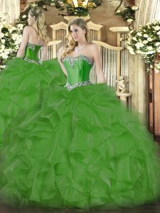Fashion Sweetheart Sleeveless 15 Quinceanera Dress Floor Length Beading and Ruffles Green Organza