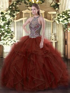 Cute Rust Red Quinceanera Gown Sweet 16 and Quinceanera with Beading and Ruffles Halter Top Sleeveless Lace Up