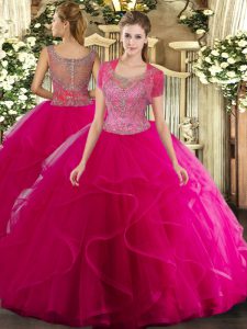 Fashionable Floor Length Clasp Handle Ball Gown Prom Dress Hot Pink for Military Ball and Sweet 16 and Quinceanera with Beading and Ruffled Layers