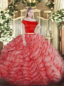 Zipper Vestidos de Quinceanera Coral Red for Military Ball and Sweet 16 and Quinceanera with Ruffled Layers Brush Train