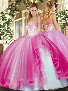 Modern Fuchsia Tulle Lace Up 15 Quinceanera Dress Sleeveless Floor Length Beading and Ruffles