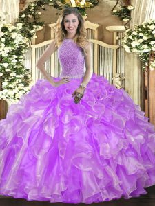 Lavender Lace Up High-neck Beading and Ruffles 15th Birthday Dress Organza Sleeveless