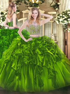 New Arrival Floor Length Lace Up Quinceanera Gown Olive Green for Military Ball and Sweet 16 and Quinceanera with Beading and Ruffles