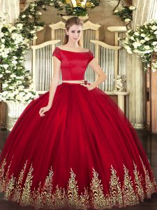 Wine Red Off The Shoulder Neckline Appliques 15th Birthday Dress Short Sleeves Zipper