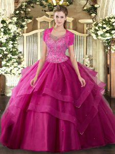 Hot Pink Sleeveless Tulle Clasp Handle Quinceanera Gown for Military Ball and Sweet 16 and Quinceanera