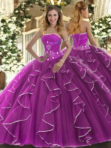 Charming Strapless Sleeveless Lace Up Quinceanera Dresses Fuchsia Tulle