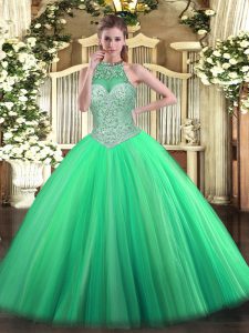 Green Sleeveless Floor Length Beading Lace Up Quinceanera Dress