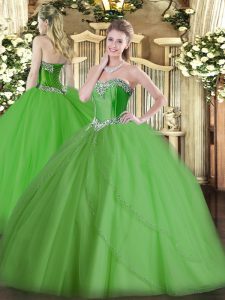 Adorable Lace Up Quinceanera Dress Green for Military Ball and Sweet 16 and Quinceanera with Beading Brush Train