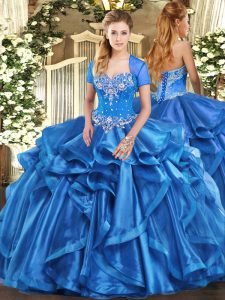 Unique Baby Blue Organza Lace Up Quinceanera Dress Sleeveless Floor Length Beading and Ruffles