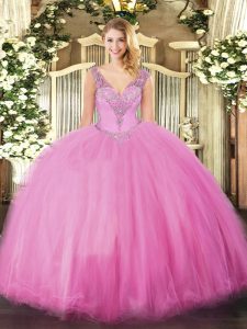 Rose Pink 15th Birthday Dress Military Ball and Sweet 16 and Quinceanera with Beading V-neck Sleeveless Lace Up