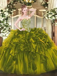 Pretty Floor Length Olive Green Quinceanera Gown Organza Sleeveless Beading and Ruffles