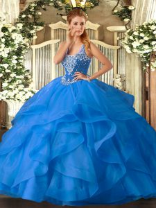 Admirable Baby Blue Straps Neckline Beading and Ruffles Quinceanera Gowns Sleeveless Lace Up