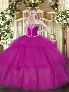 Sweetheart Sleeveless 15 Quinceanera Dress Floor Length Beading and Ruffled Layers Fuchsia Tulle
