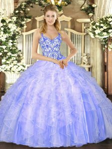 Organza Straps Sleeveless Lace Up Beading and Ruffles Sweet 16 Dresses in Lavender