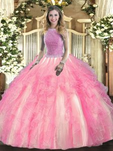 Modern Rose Pink High-neck Neckline Beading and Ruffles Quinceanera Gown Sleeveless Lace Up