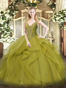 New Style Olive Green Tulle Lace Up Quince Ball Gowns Sleeveless Floor Length Beading and Ruffles