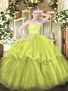 Shining Beading and Lace and Ruffled Layers Sweet 16 Quinceanera Dress Olive Green Zipper Sleeveless Brush Train