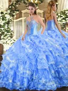 Top Selling Sleeveless Floor Length Beading and Ruffled Layers Lace Up Quince Ball Gowns with Baby Blue