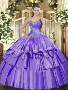 Fitting Sweetheart Sleeveless Quince Ball Gowns Floor Length Beading and Ruffled Layers Lavender Organza and Taffeta