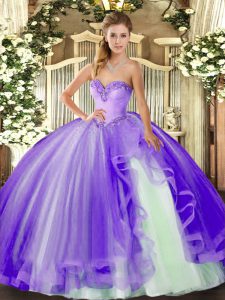 Custom Made Floor Length Lace Up Sweet 16 Quinceanera Dress Lavender for Military Ball and Sweet 16 and Quinceanera with Beading and Ruffles