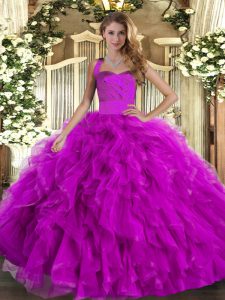 Fuchsia Sleeveless Floor Length Ruffles Lace Up Quinceanera Dresses