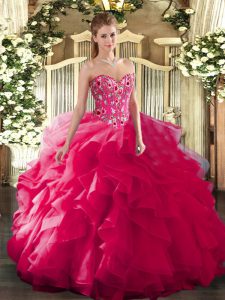 Hot Pink Organza and Printed Lace Up 15th Birthday Dress Sleeveless Floor Length Embroidery