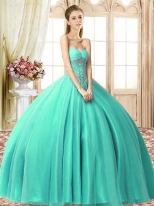 Turquoise Ball Gowns Sweetheart Sleeveless Tulle Floor Length Lace Up Beading Ball Gown Prom Dress