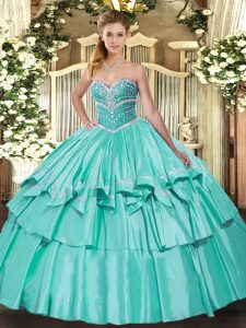 Smart Apple Green Ball Gowns Sweetheart Sleeveless Organza and Taffeta Floor Length Lace Up Beading and Ruffled Layers Sweet 16 Dress