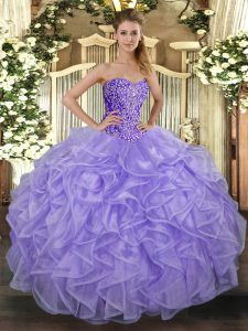 Lavender Sleeveless Floor Length Beading and Ruffles Lace Up Sweet 16 Quinceanera Dress