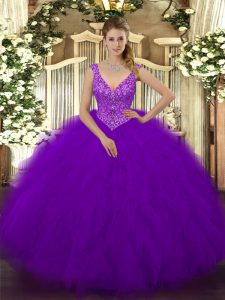 Purple Tulle Zipper 15th Birthday Dress Sleeveless Floor Length Beading and Ruffles