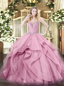 Sweetheart Sleeveless Lace Up Vestidos de Quinceanera Pink Tulle