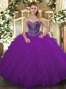 Adorable Purple Ball Gowns Sweetheart Sleeveless Tulle Floor Length Lace Up Beading and Ruffled Layers Ball Gown Prom Dress