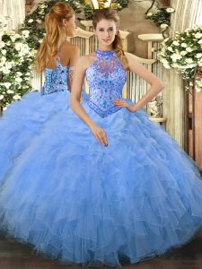 Baby Blue Halter Top Lace Up Beading and Ruffles 15 Quinceanera Dress Sleeveless