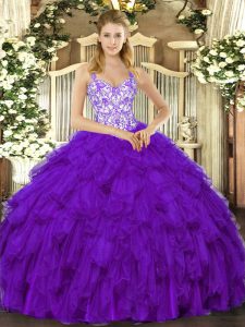 Perfect Beading and Ruffles 15th Birthday Dress Purple Lace Up Sleeveless Floor Length