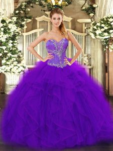 Elegant Sweetheart Sleeveless Lace Up Quinceanera Gown Purple Tulle