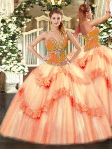 Sweetheart Sleeveless Lace Up 15th Birthday Dress Peach Tulle