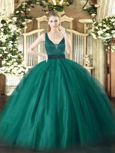 Fitting Teal Ball Gowns Tulle Straps Sleeveless Beading Floor Length Zipper Ball Gown Prom Dress