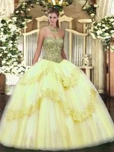 Light Yellow Sleeveless Tulle Lace Up Vestidos de Quinceanera for Military Ball and Sweet 16 and Quinceanera