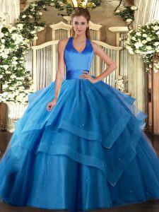 Trendy Blue Ball Gowns Tulle Halter Top Sleeveless Ruffled Layers Floor Length Lace Up Sweet 16 Dresses