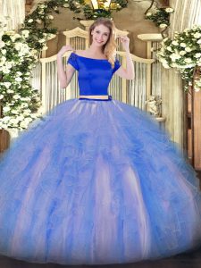 Off The Shoulder Short Sleeves Zipper 15 Quinceanera Dress Blue And White Tulle