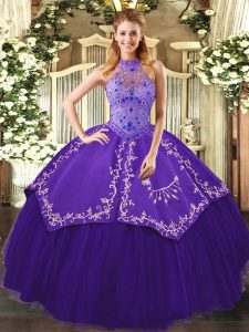 Purple Tulle Lace Up Sweet 16 Dress Sleeveless Floor Length Beading and Embroidery