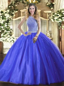 Fantastic Sleeveless Floor Length Beading Lace Up Sweet 16 Dresses with Blue