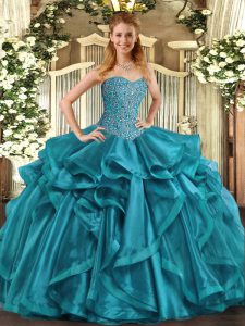 Teal Organza Lace Up Quinceanera Dress Sleeveless Floor Length Beading and Ruffles