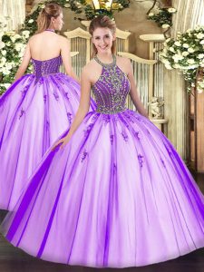 Exquisite Floor Length Eggplant Purple Quinceanera Gowns Halter Top Sleeveless Lace Up
