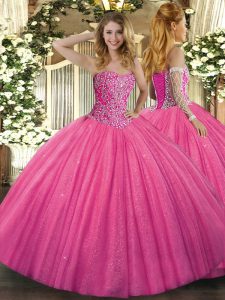 On Sale Hot Pink Lace Up Sweetheart Beading Quince Ball Gowns Tulle Sleeveless