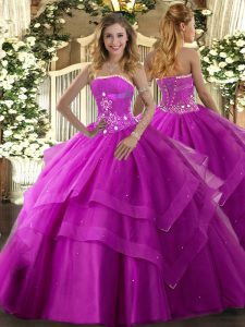Beading and Ruffled Layers Quinceanera Dress Fuchsia Lace Up Sleeveless Floor Length