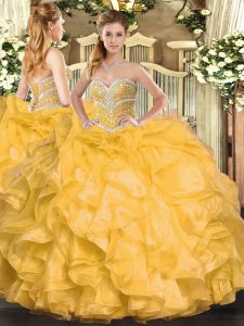 Modest Organza Sweetheart Sleeveless Lace Up Beading and Ruffles Quinceanera Gowns in Gold